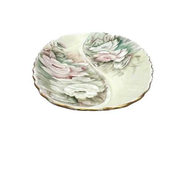 HAND PAINTED FLORAL PORCELAIN DIVIDED OVAL RELISH DISH - VINTAGE 1960s - Picture 11 of 16